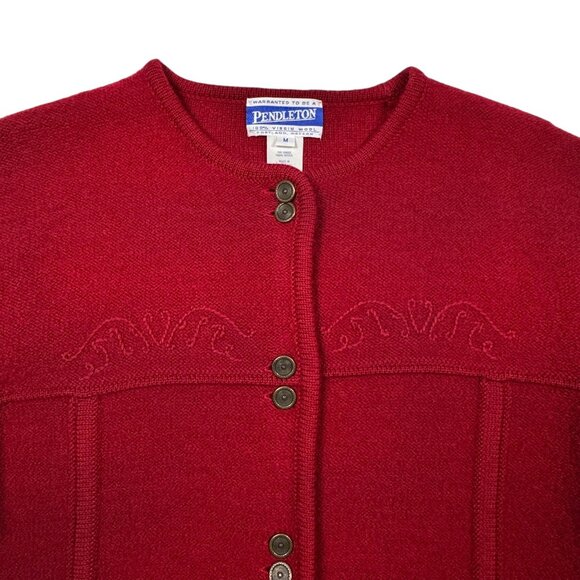 Vintage 80s Pendleton Virgin Wool Cardigan Sz M Burgundy Red Cottage Whimsical - Picture 5 of 14